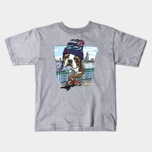 Boston Terrier Dog with Blue Silver and Red Winter Beanie Kids T-Shirt